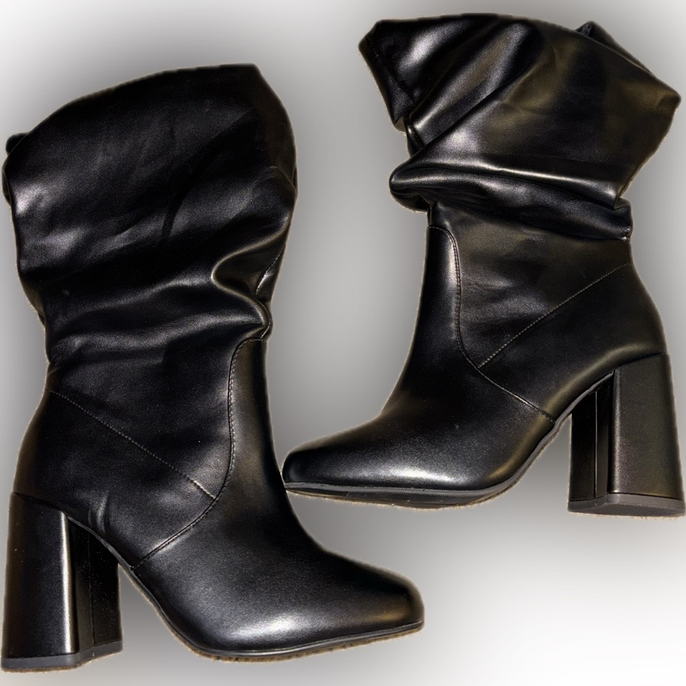 Black Chunky Heel Slouchy Heeled Boots